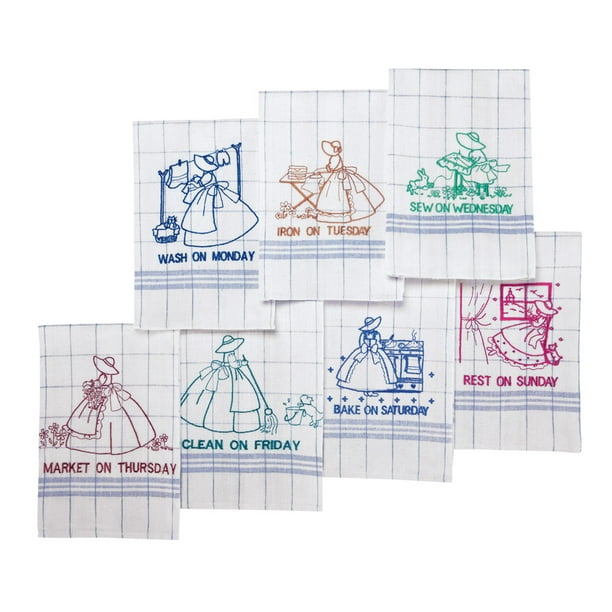 7 Seven Days of the Week Kitchen Towels Embroidered 100% Heavy Cotton